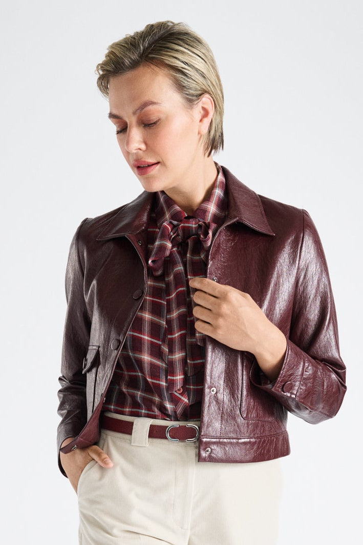 Short brown fake leather jacket
