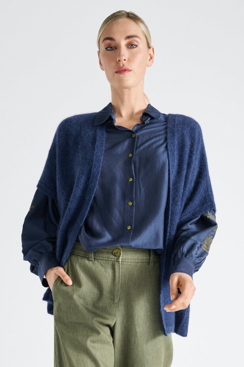 Open blauwe cardigan met korte mouw