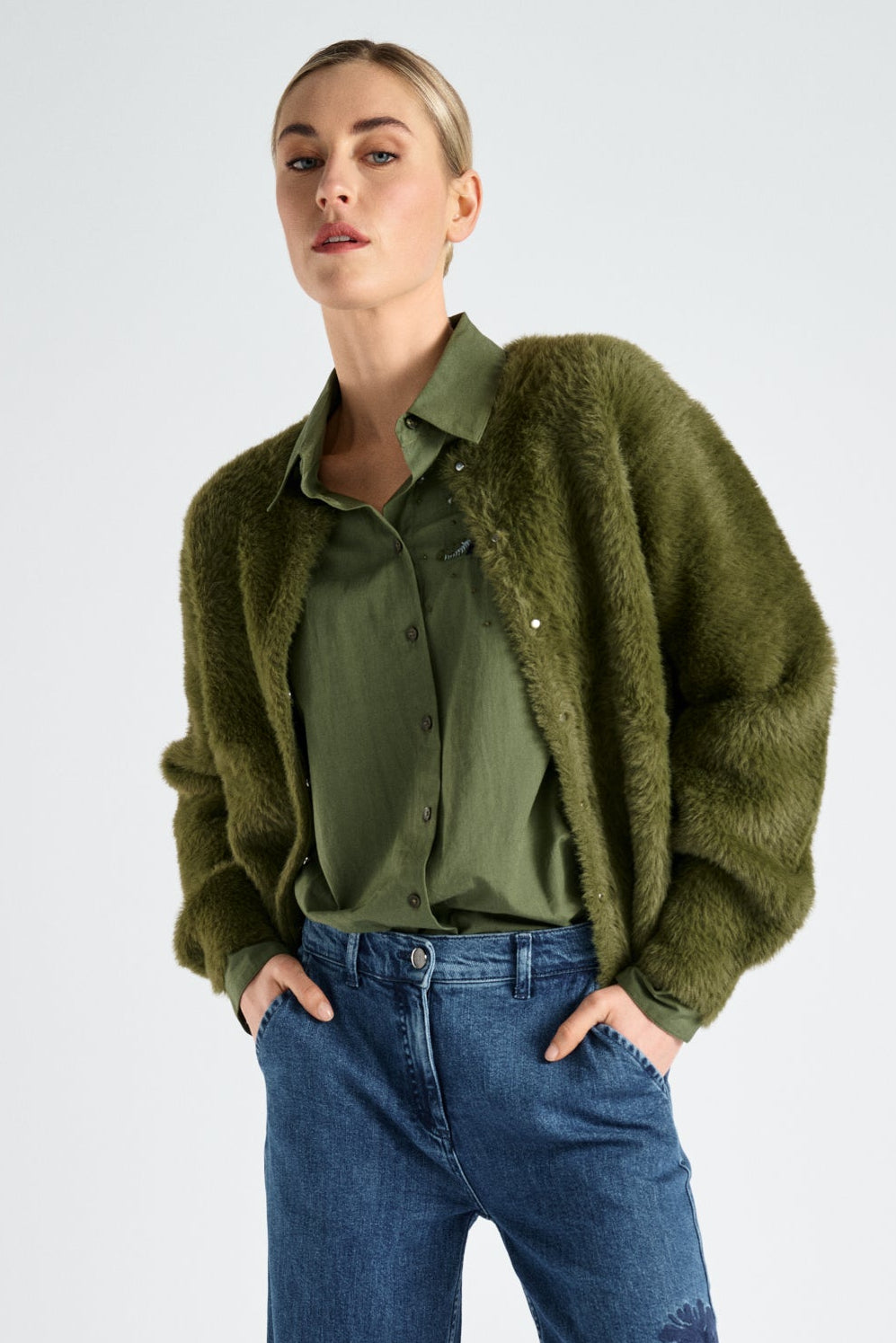 Kaki fleece cardigan-jas met drukknopen