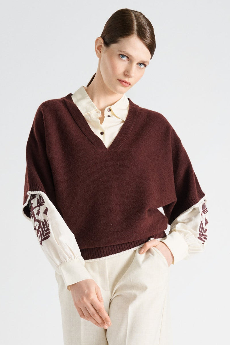 Pull liséré large à col v avec manche trois-quarts