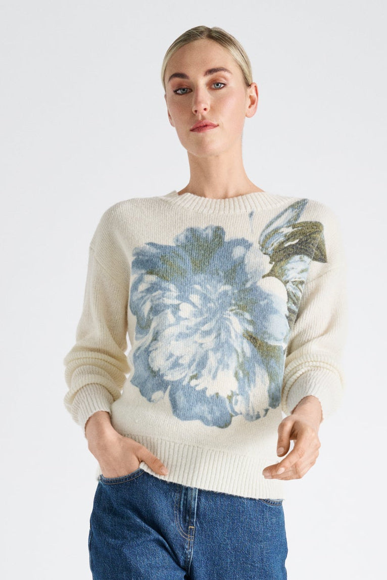 Ecru flower printed sweater in wool-alpaca