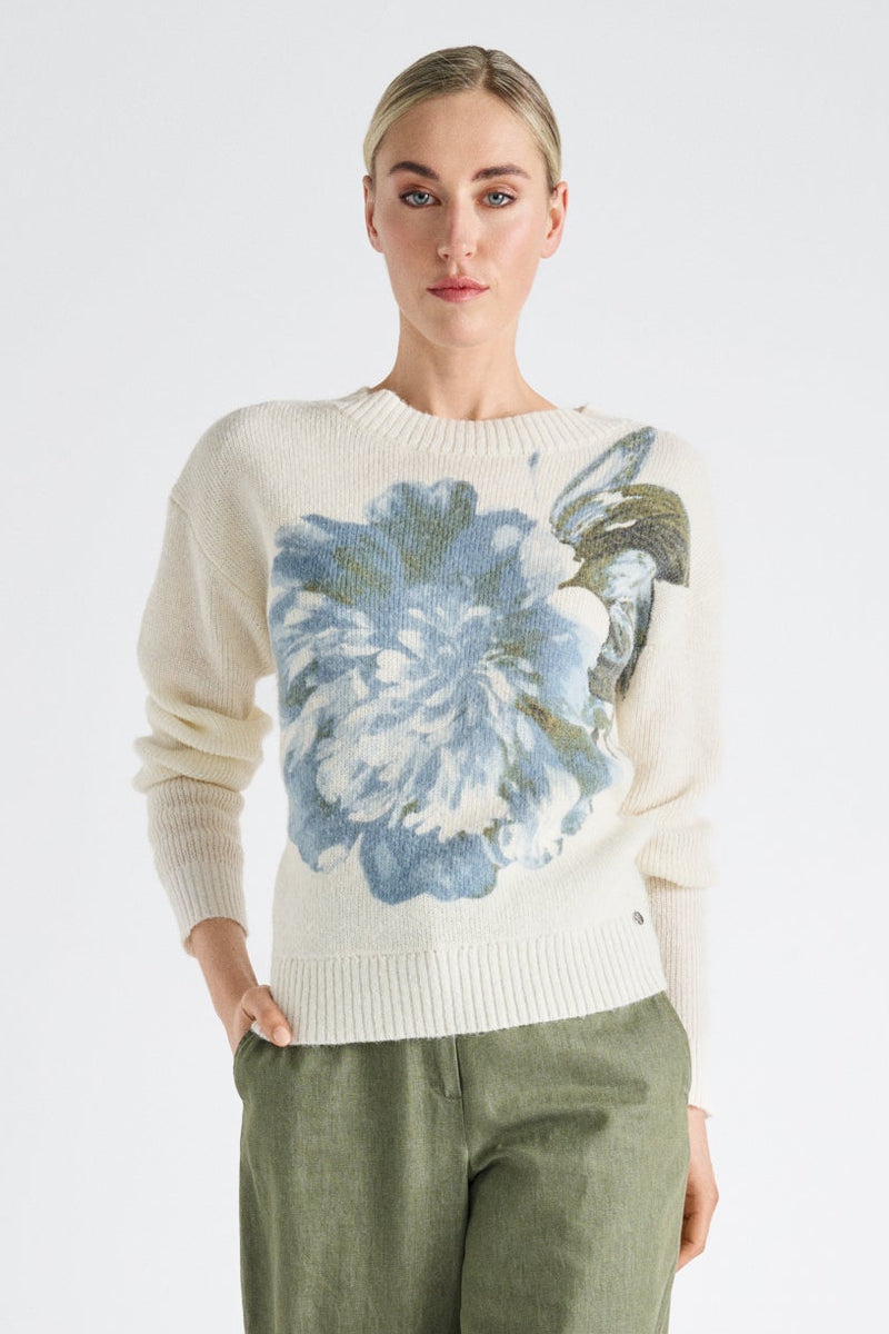 Pull écru en alpaga-laine imprimé fleuri