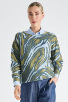 Pull en alpaga-laine bleu imprimé graphique
