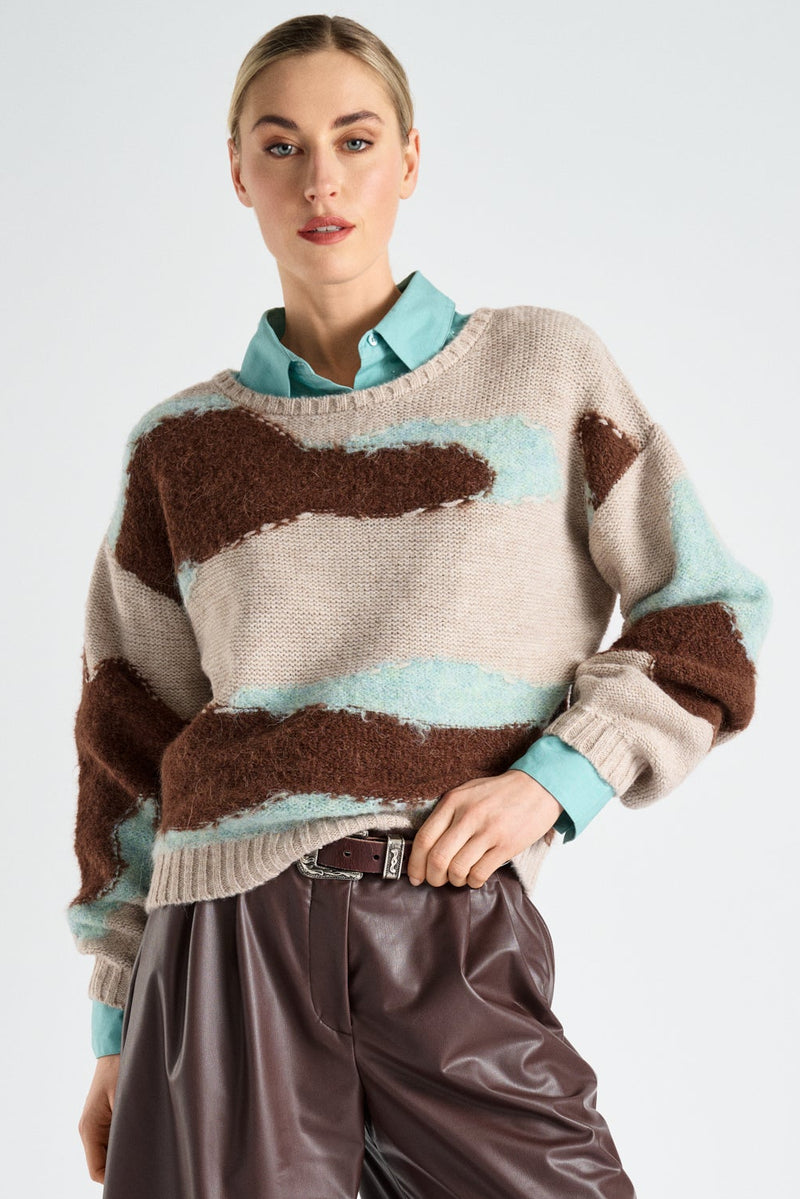 Grafische trui in beige met turquoise en bruin