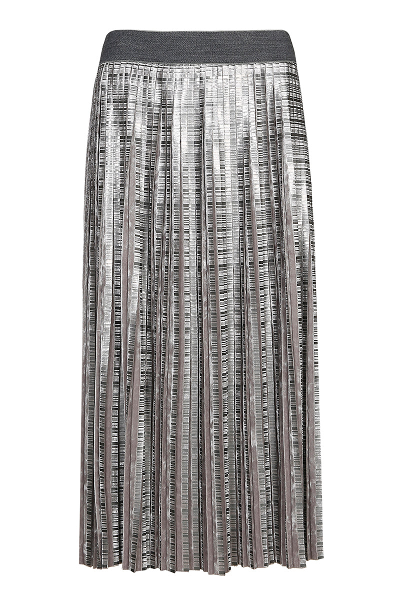 Skirt at mid length in a shiny light grey fabric