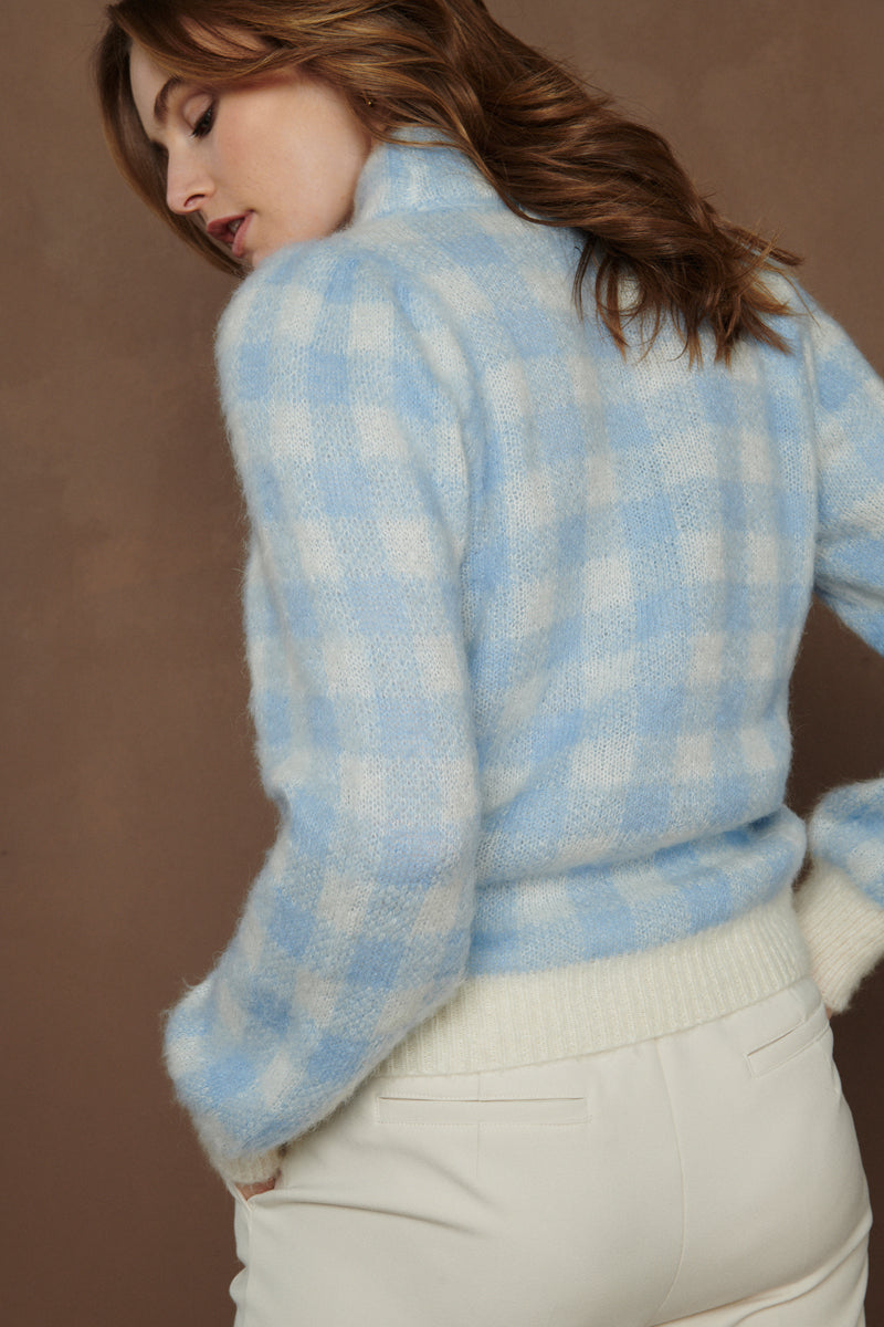 Knitted jacquard sweater in pastel blue and ecru