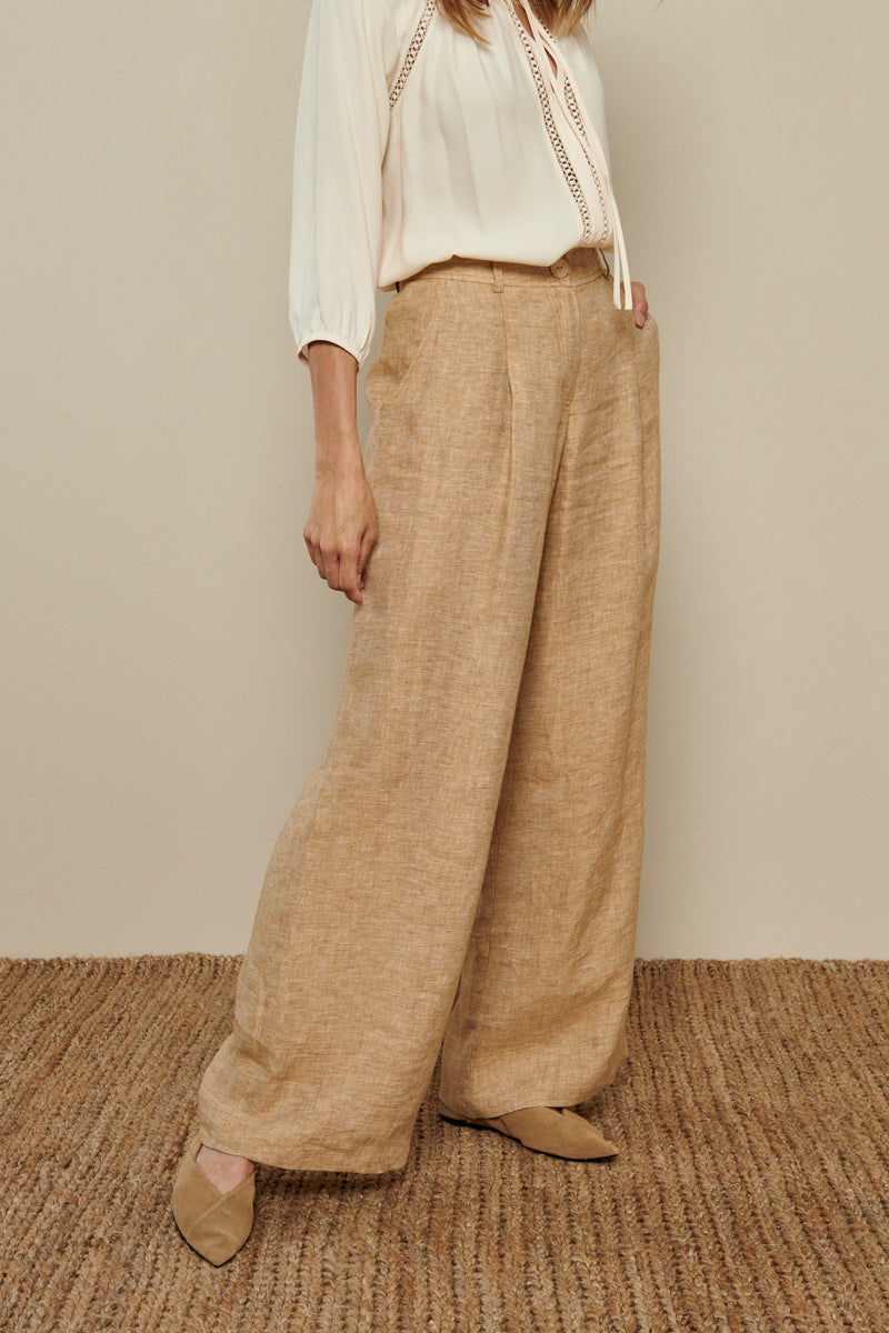 Wide-leg trousers in a beige linen mix