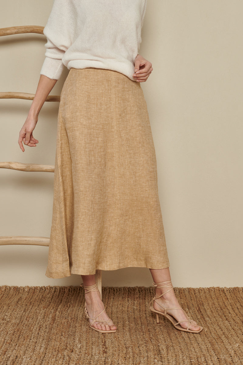 Beige long linen skirt