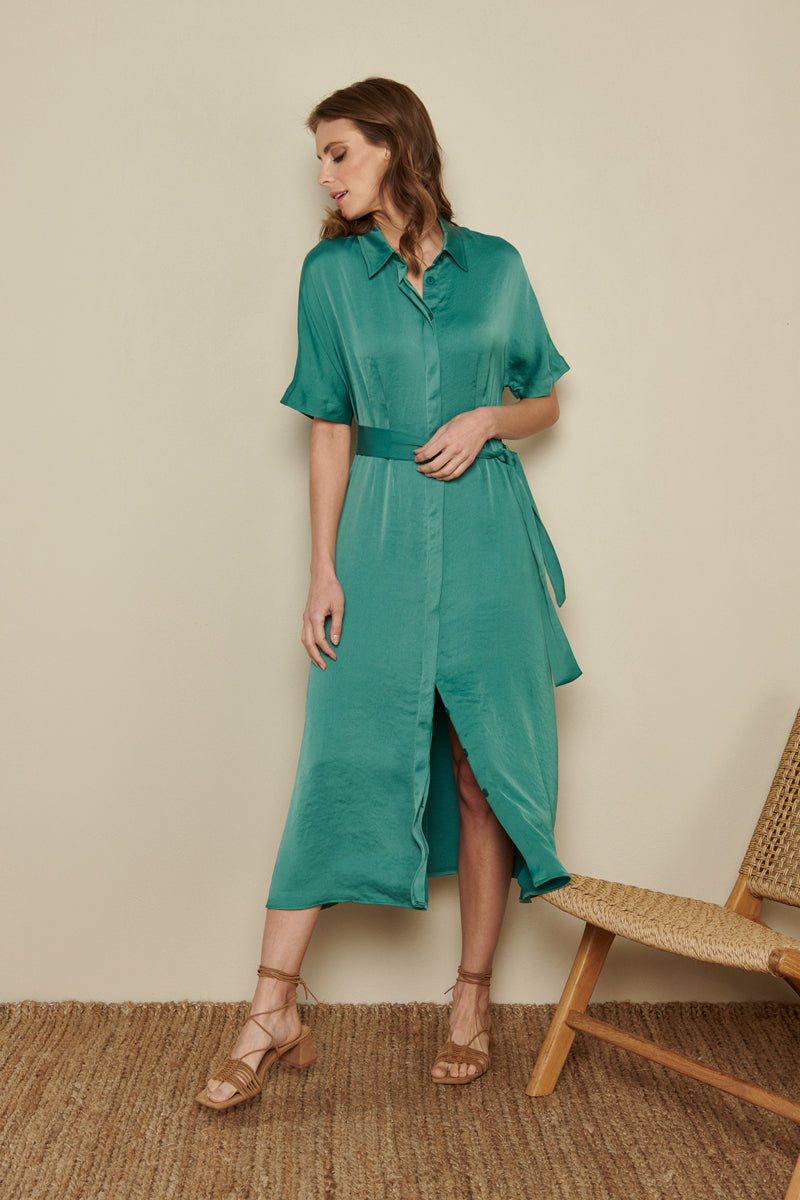 Long dress in green satin