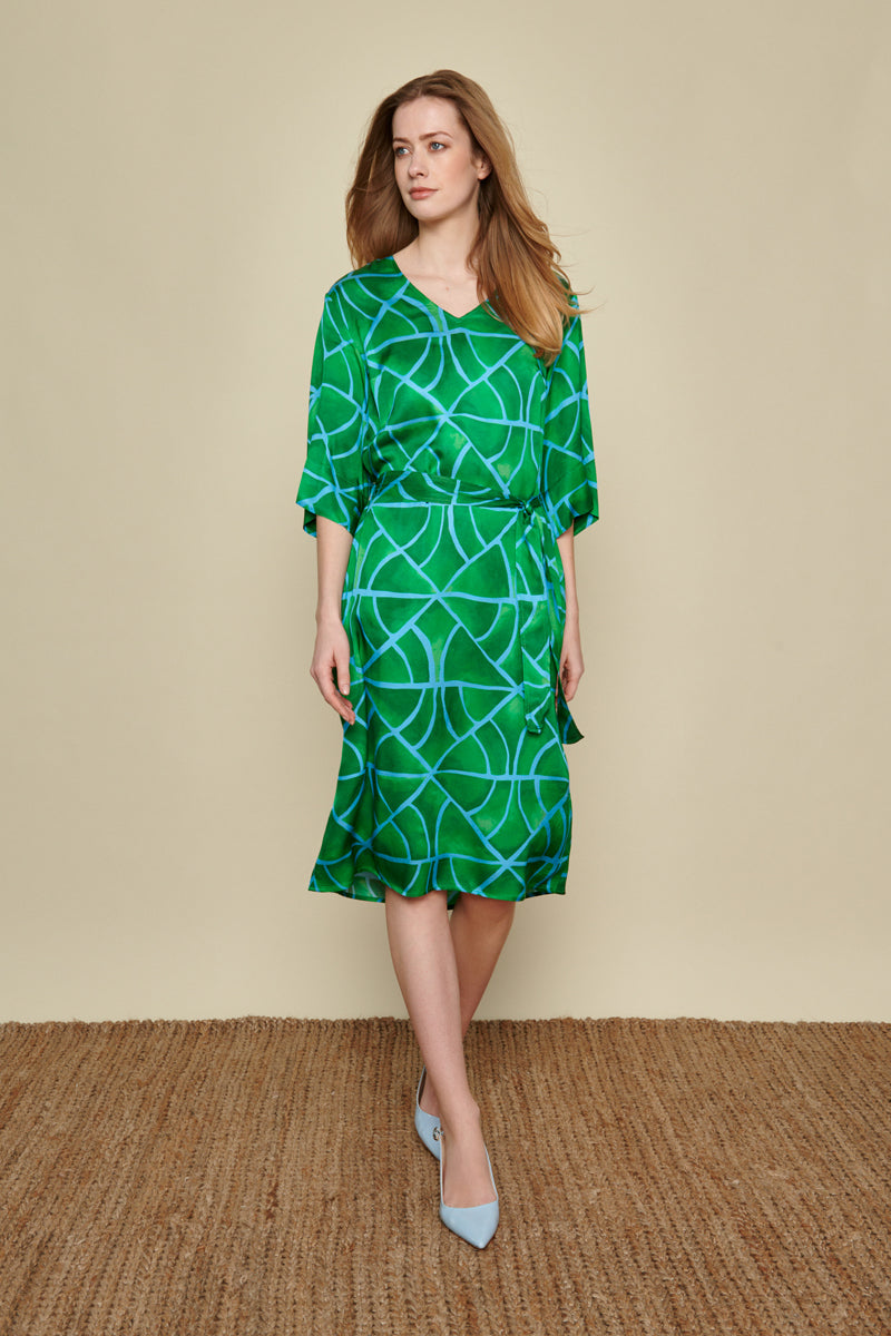 Dress in a brigth green and blue print