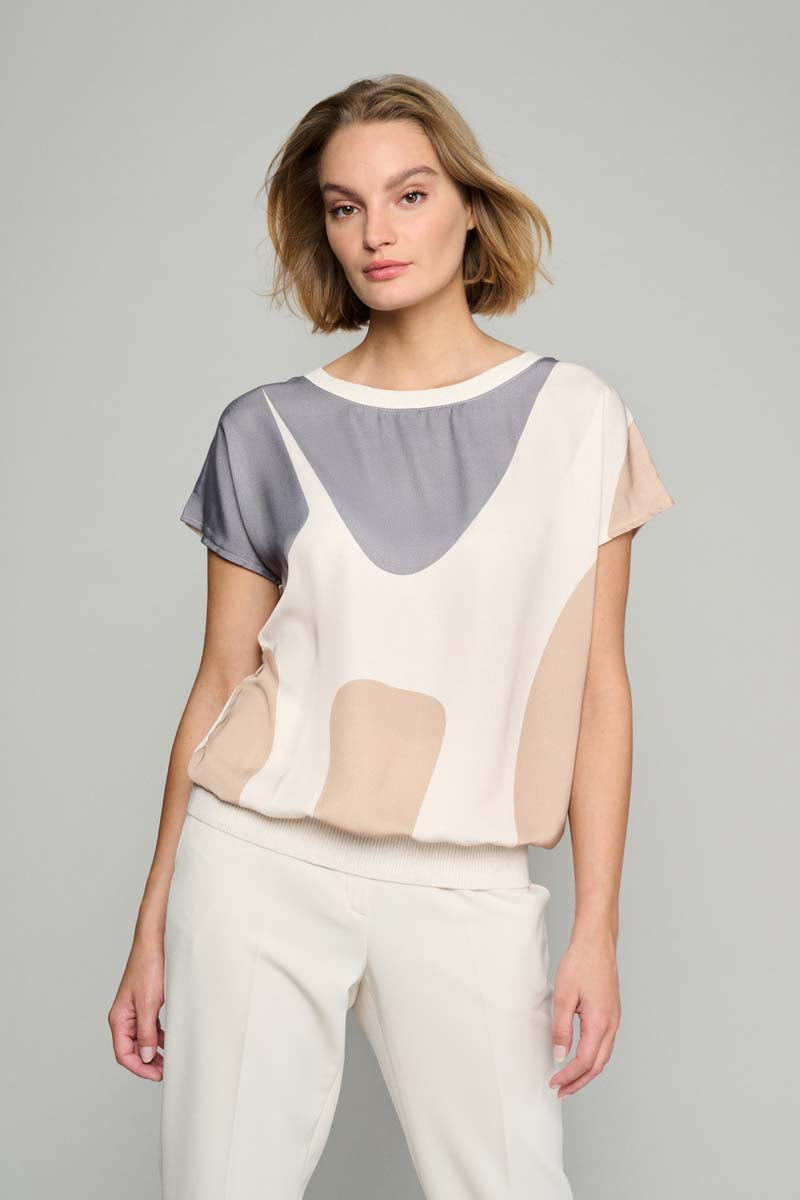 Une blouse tunique écrue look color block gris/camel