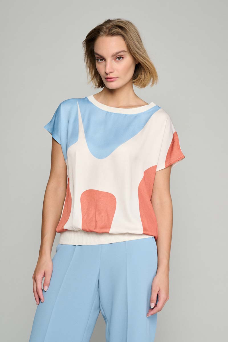 Ecru tunic blouse with colour block blue/red