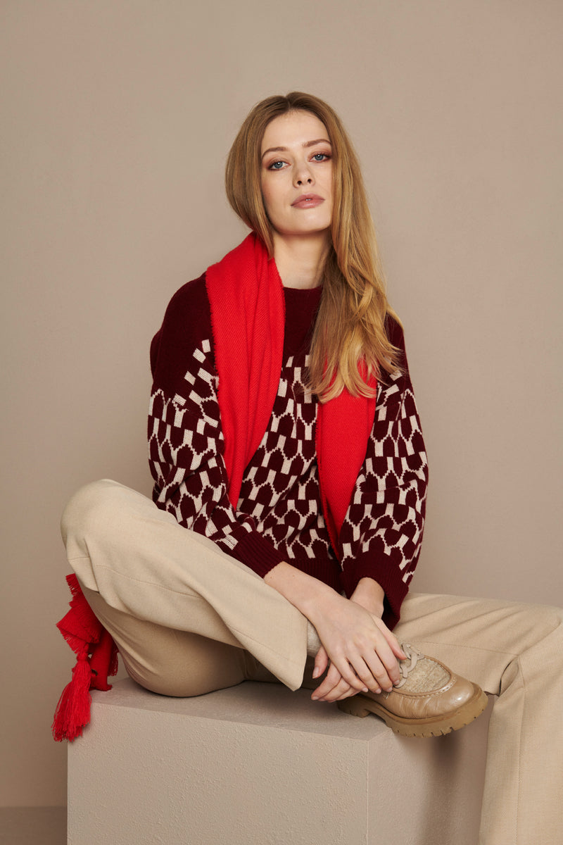Red fringed scarf