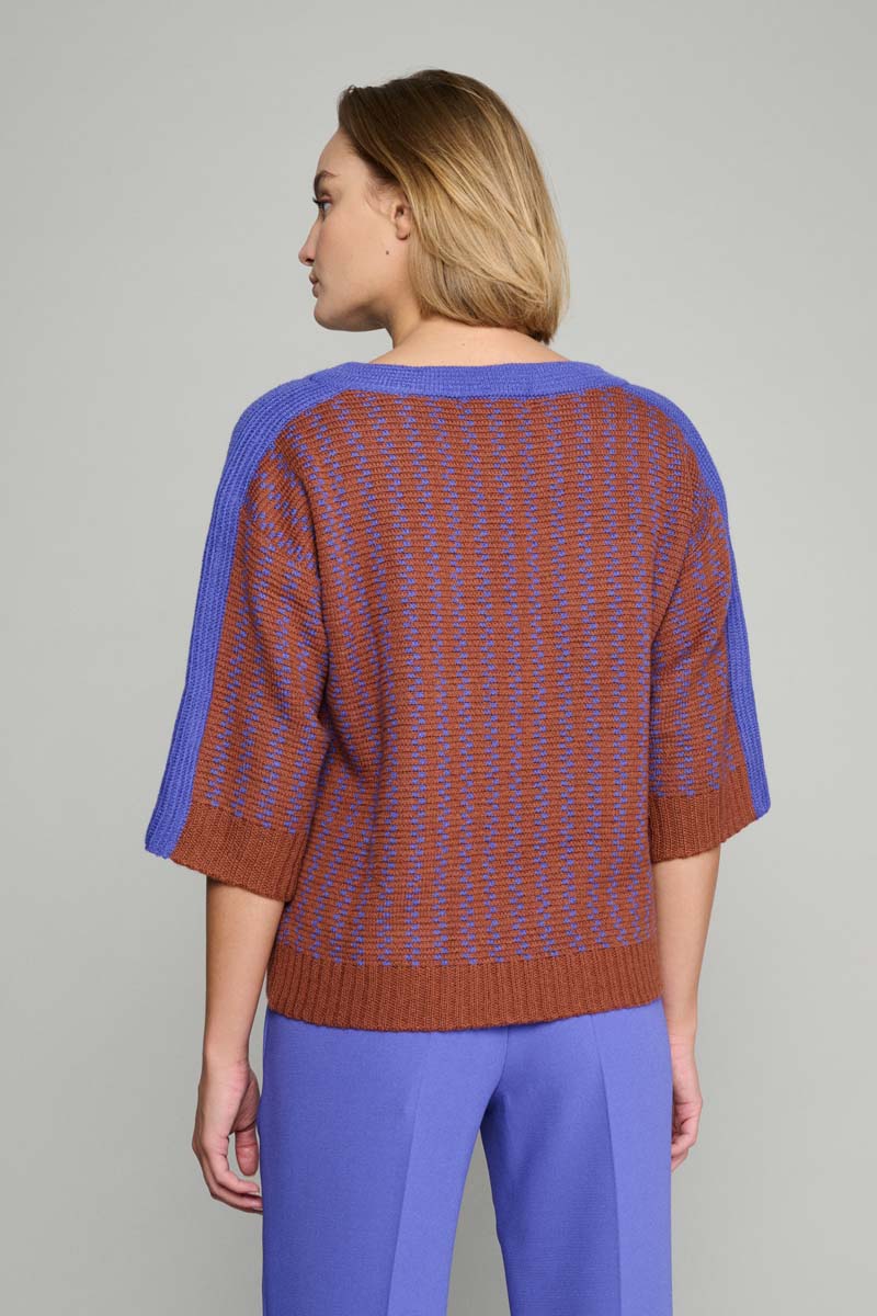 Brown pullover with purple accents