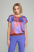 Purple printed tunic blouse with short sleeves