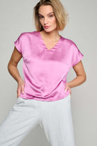 Purple tunic blouse with short sleeves
