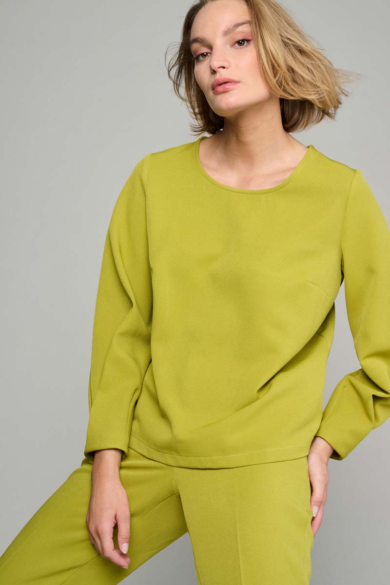 Olive green tunic blouse with round neckline