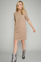 Mid-length gold jersey dress with detail