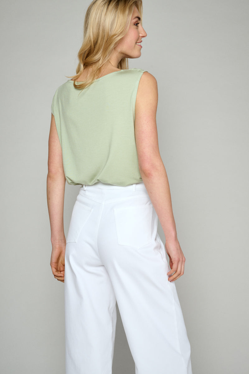 Olive green top with detail at the shoulder