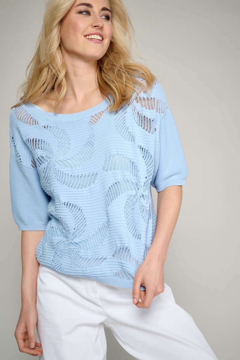 blue pullover with knitted details 