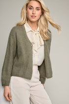 Olive green loose cardigan with button closure