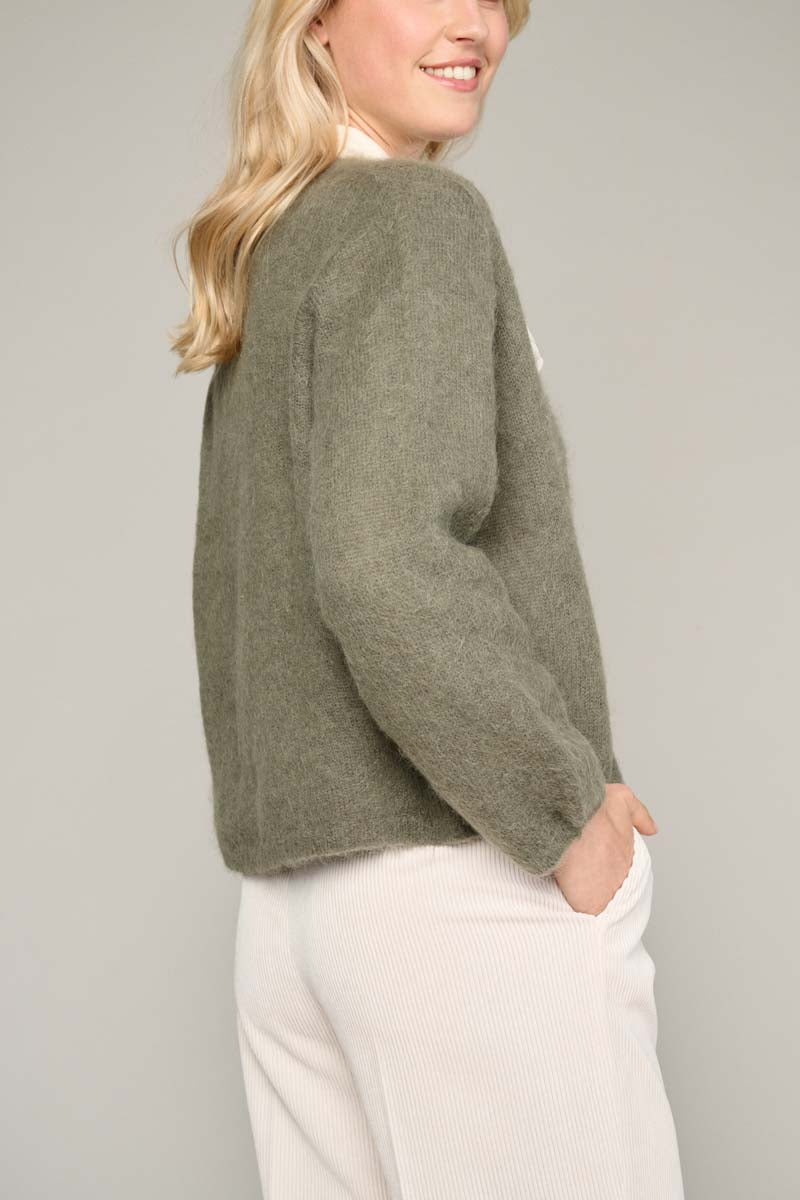 Olive green loose cardigan with button closure