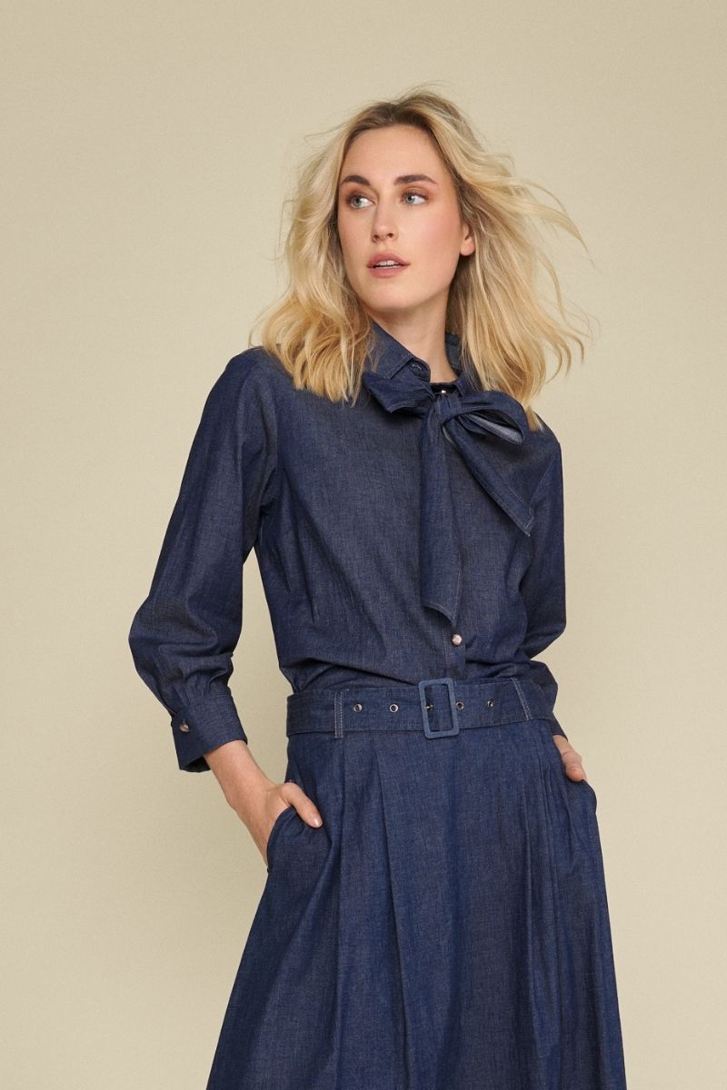 Denim blouse with detachable bow