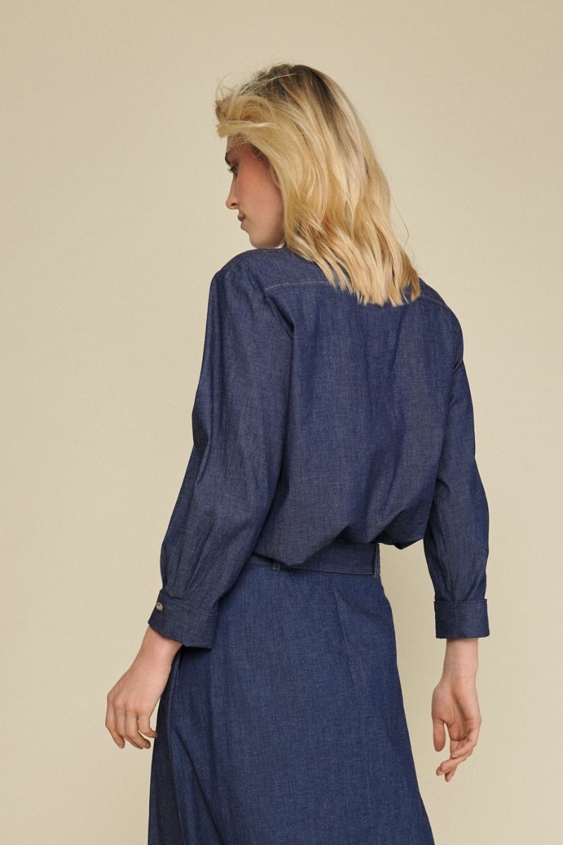 Denim blouse with detachable bow