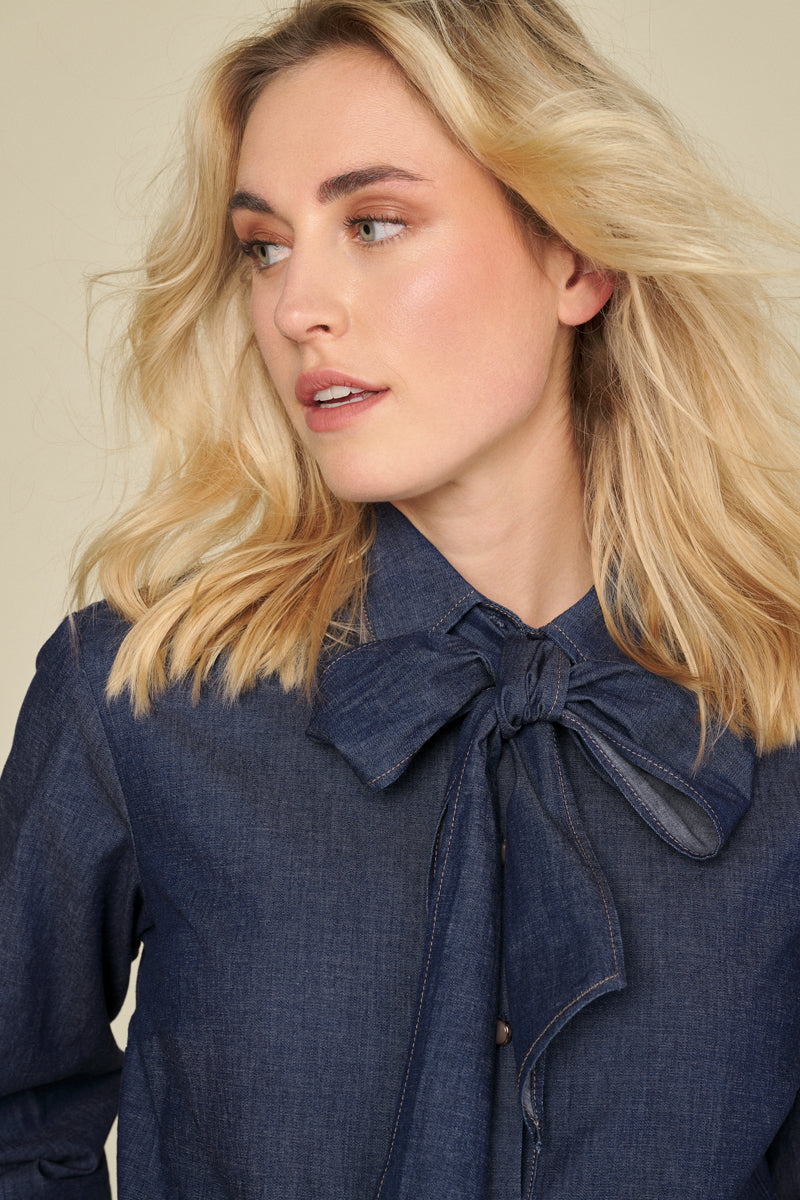 Denim blouse with detachable bow