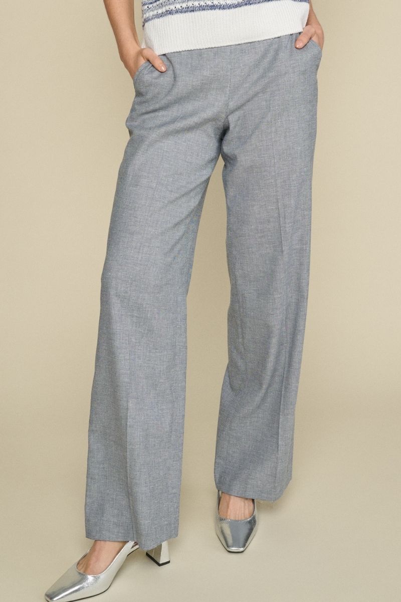 Trousers in fil à fil weave with wide legs and elastic waist