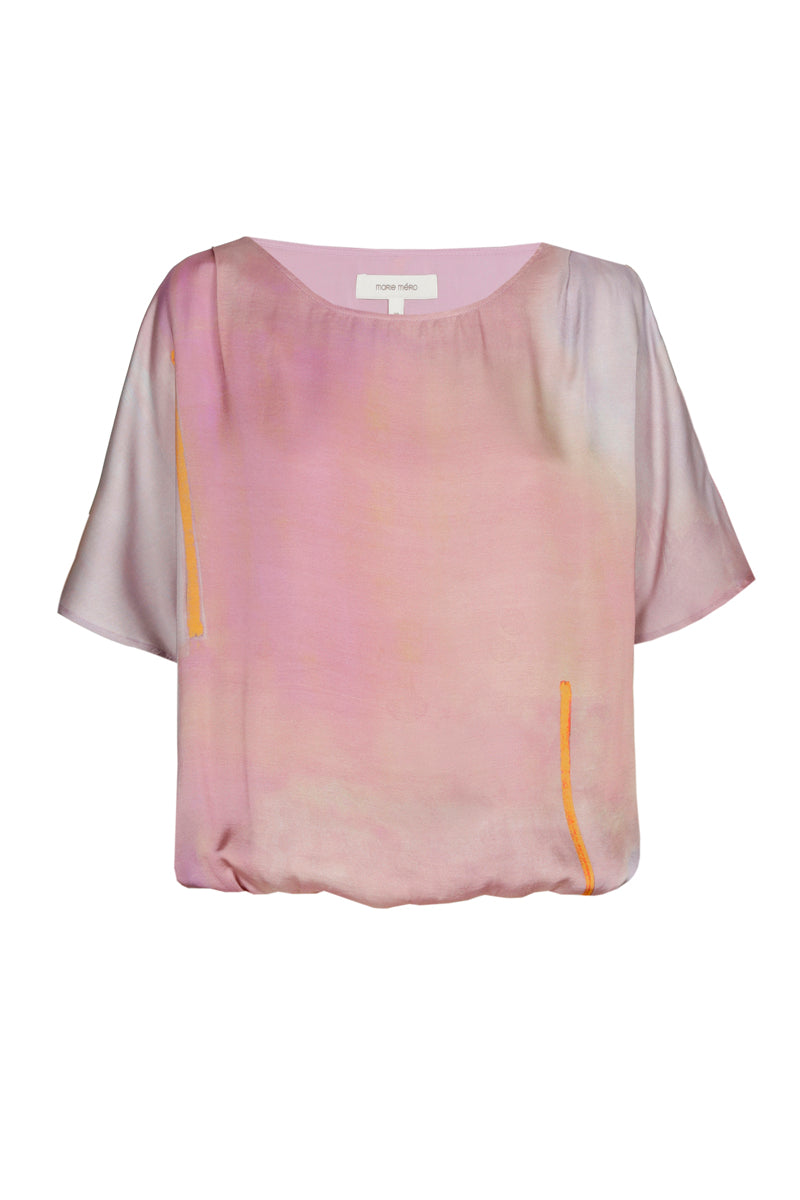 Short-sleeved blouse in shades of lilac, orange and pink