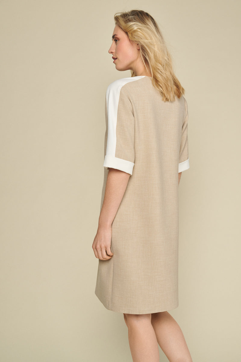 Camel dress with ecru cuffs on the sleeves