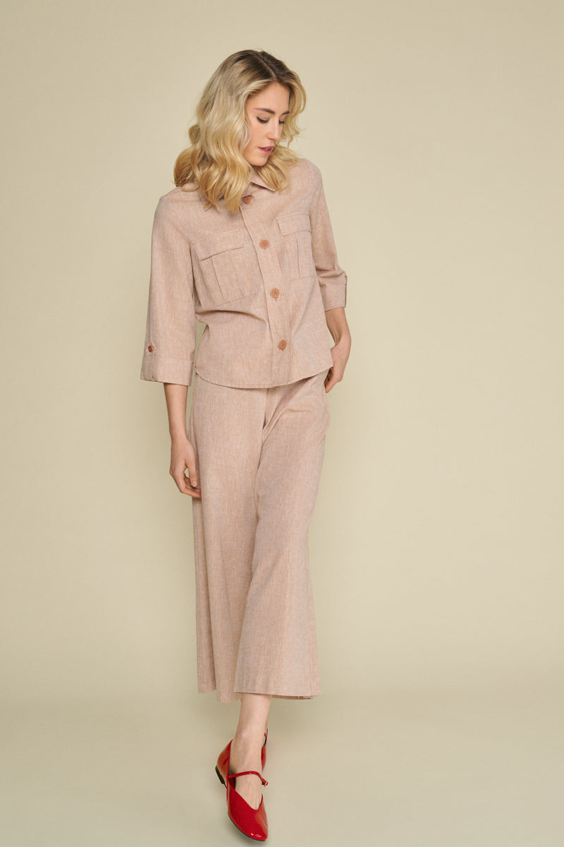 Beige trousers in linen and cotton with wide legs and 7/8 length