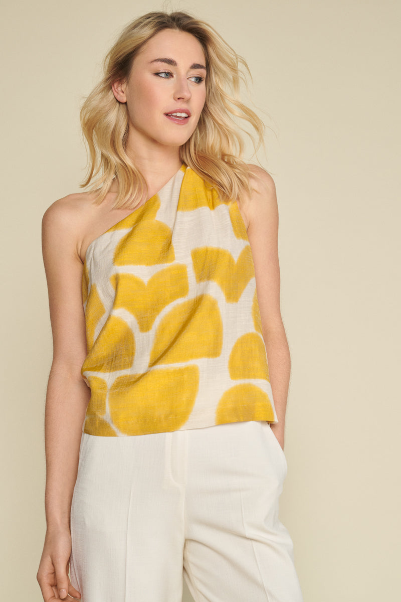 Yellow print top with asymmetrical straps