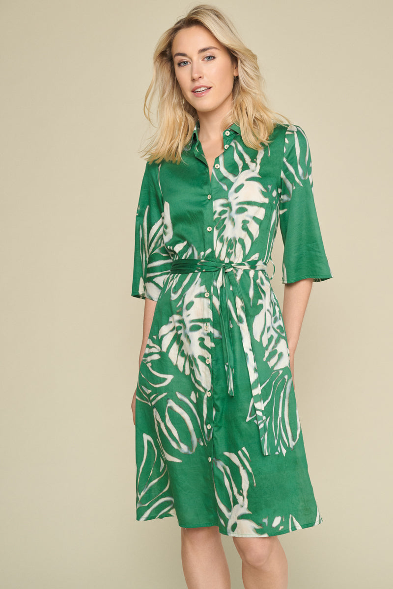 Cotton dress three-quarter sleeve with fresh green print