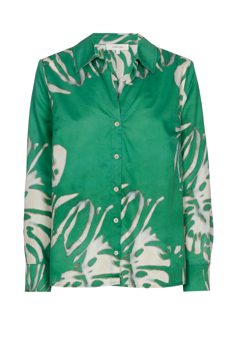 Button-up blouse with long sleeves and green print