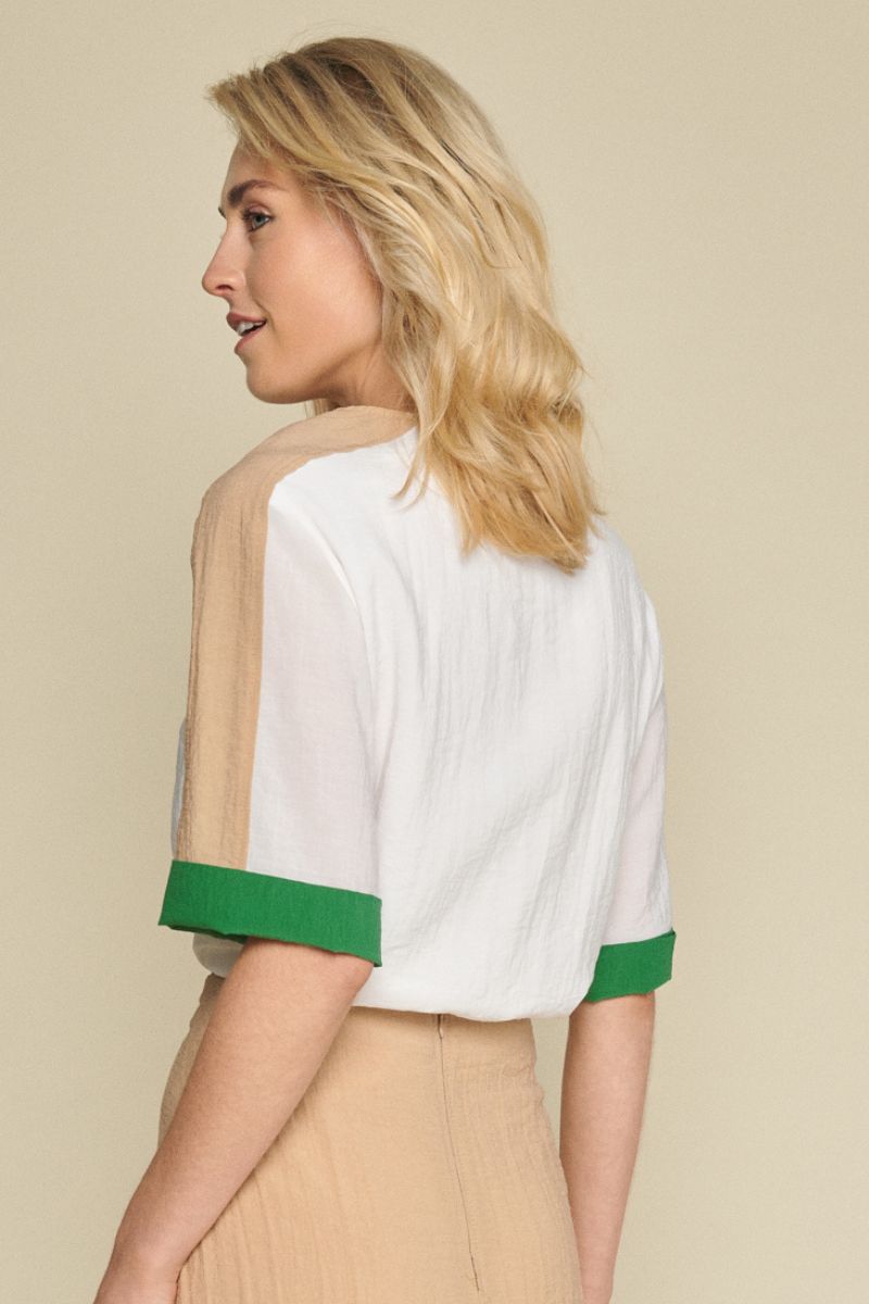 White blouse with green and beige color blocking