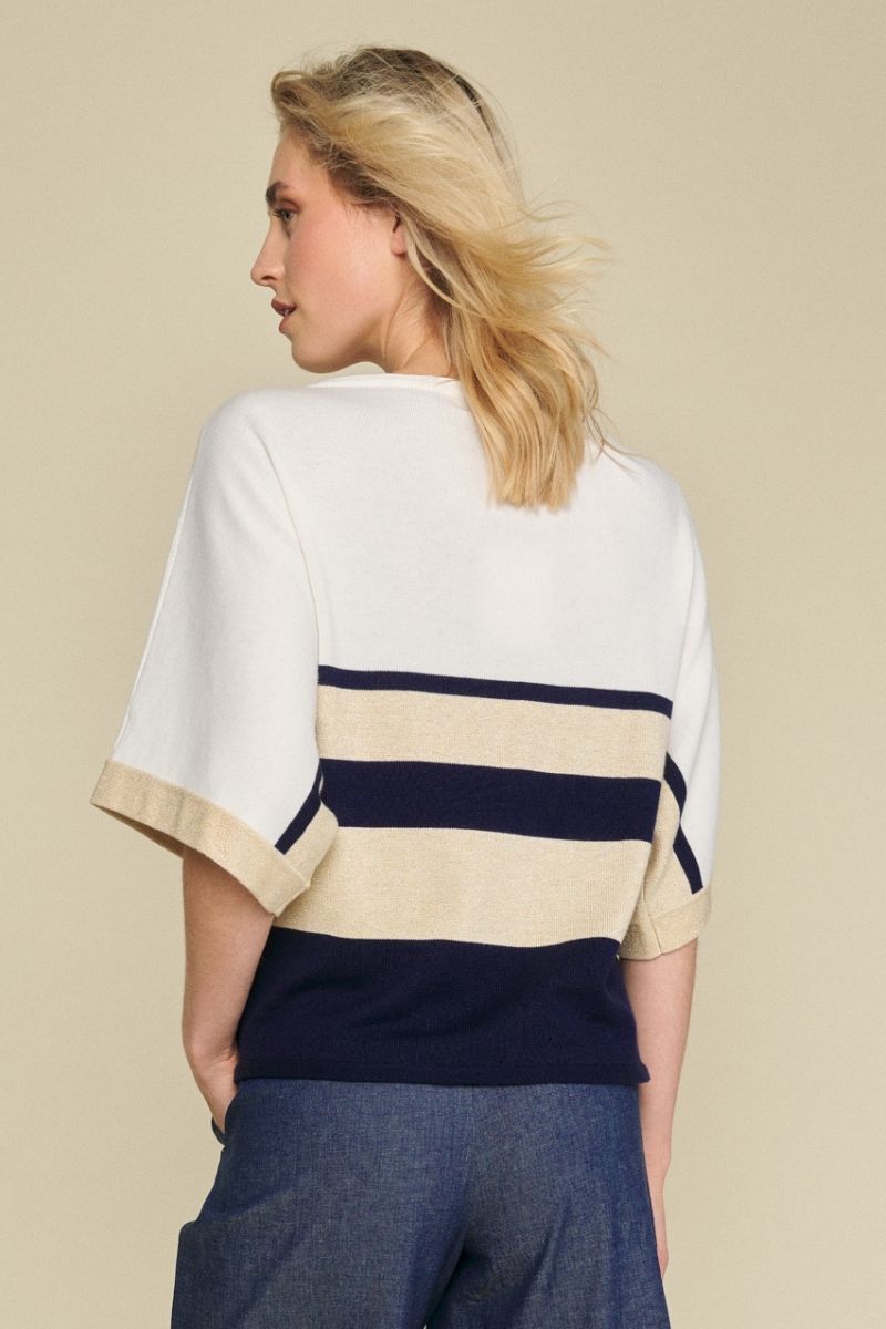 Pull met strepen blauw, goud en ecru