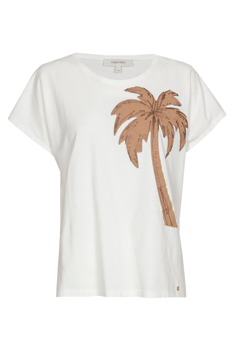 White round neck t-shirt with beige palm tree embroidery