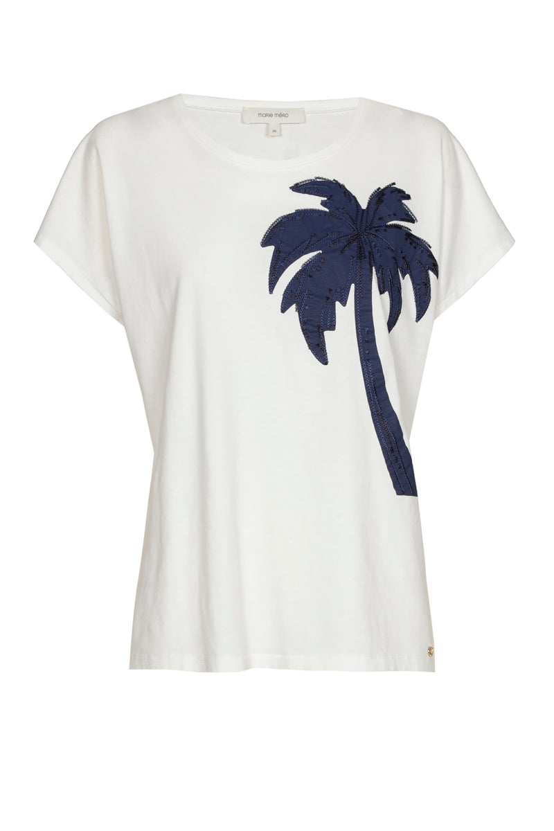 Witte t-shirt ronde hals  met blauwe palmboombroderie