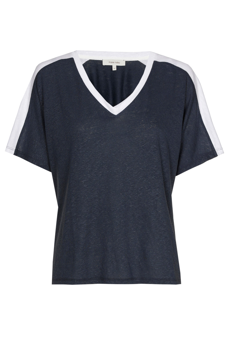 T-shirt V-neck blue with white trim at the neck and shoulders