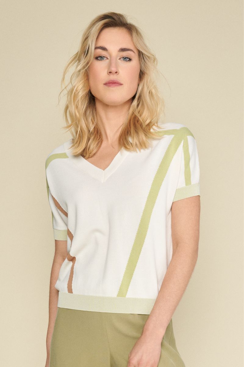 White pullover with contrast stripes in green tones