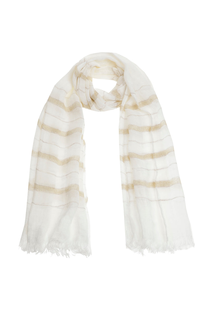 Linen scarf with subtle stripes and gold thread