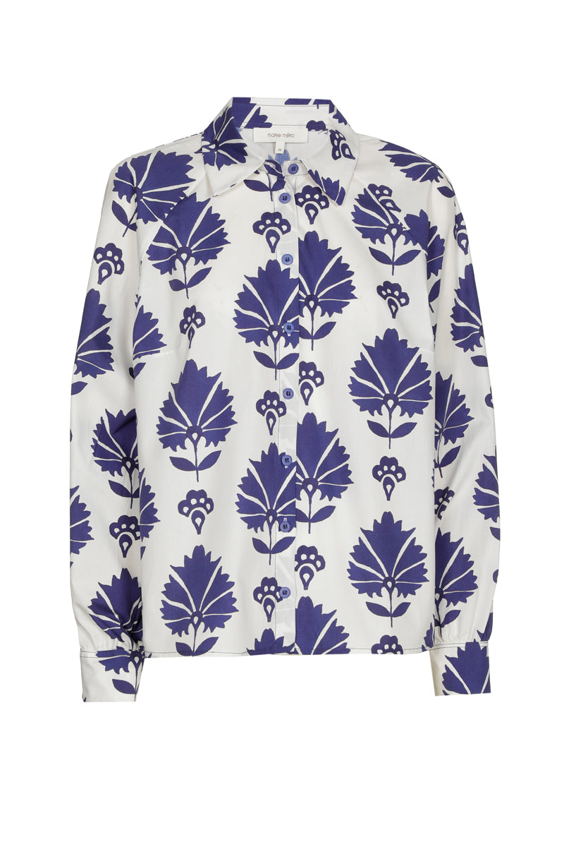 Blouse in cotton with beautiful print in blue and white