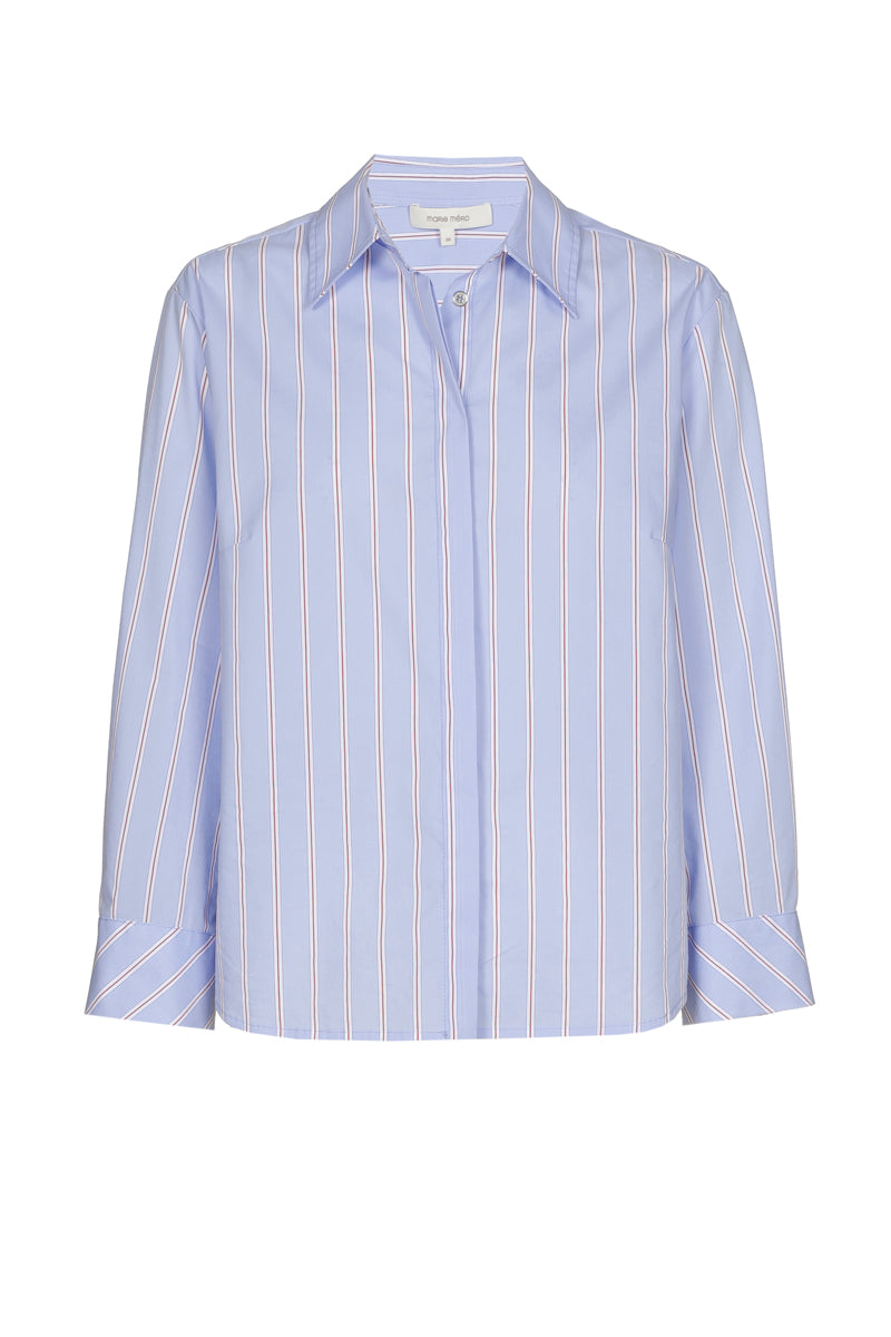 Bloes katoen licht blauw met fijne bordeaux streep