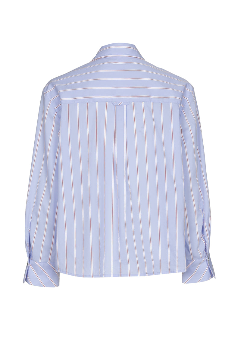 Bloes katoen licht blauw met fijne bordeaux streep