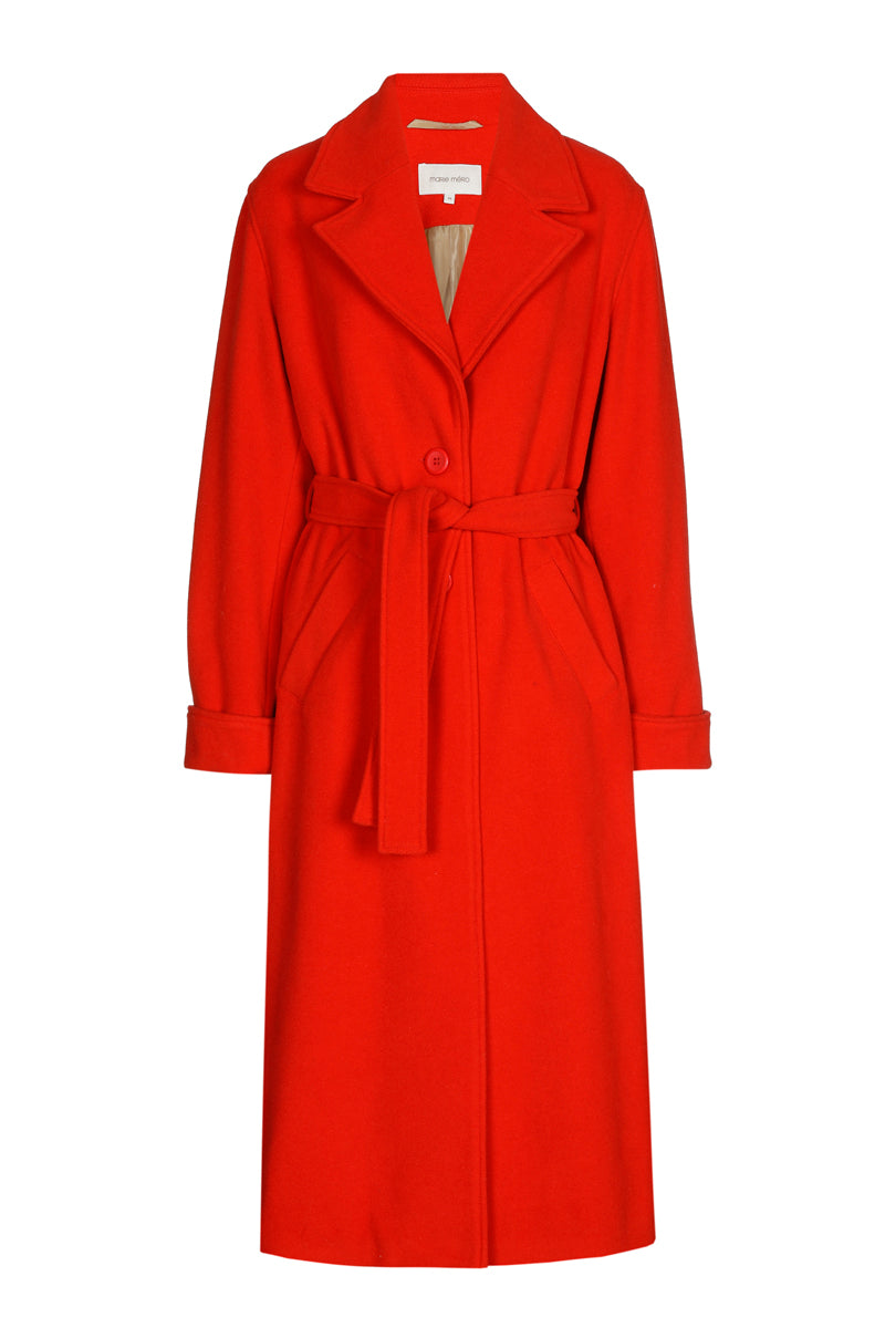 Lange rode mantel met knoopsluiting en riem