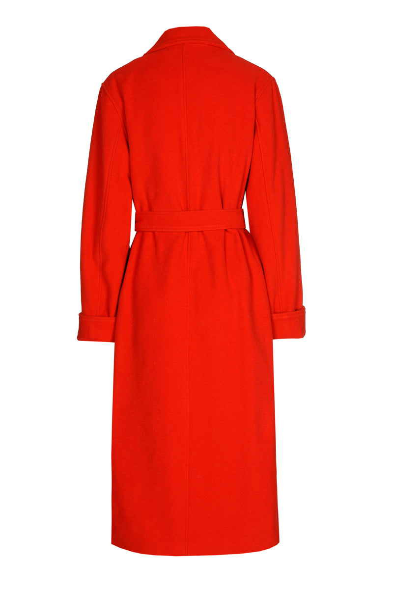 Lange rode mantel met knoopsluiting en riem
