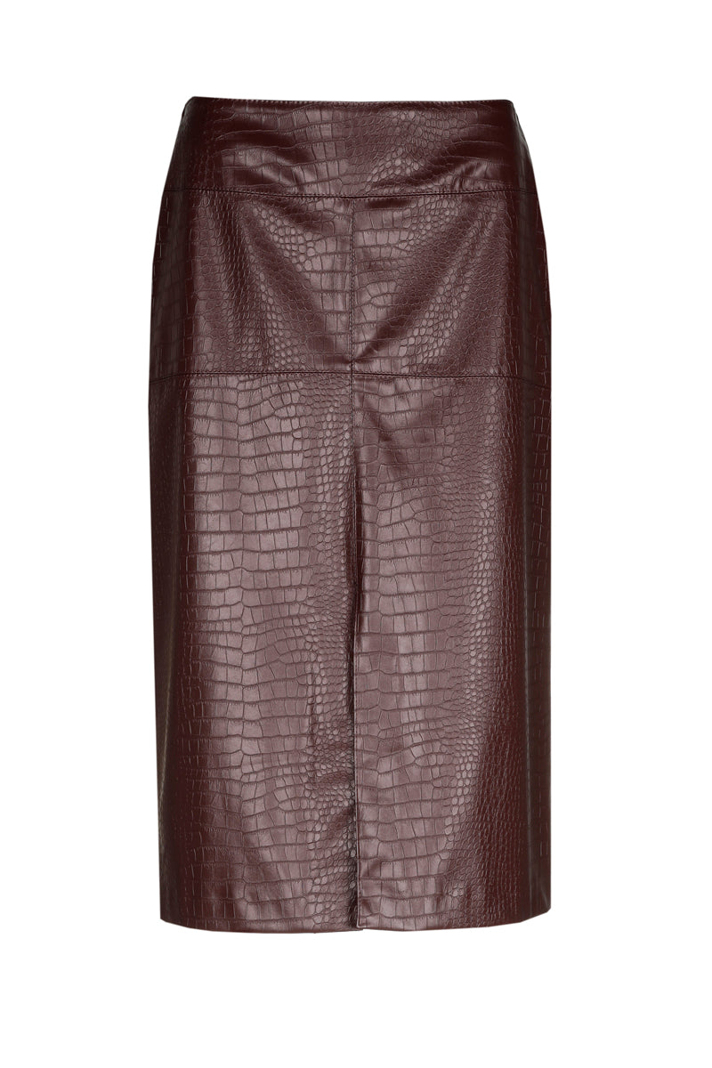 Bordeaux rok in leder look met croco motief