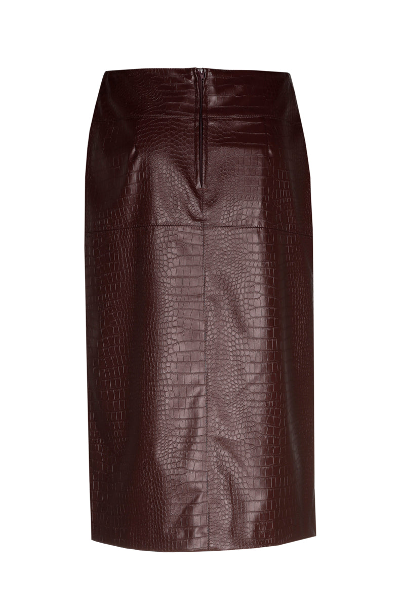 Bordeaux rok in leder look met croco motief